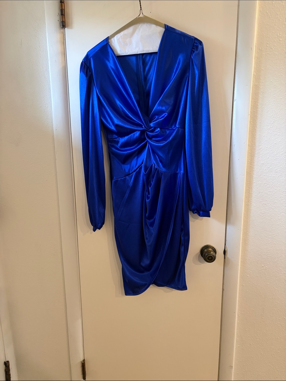 Blue Satin Twist-Front Women’s Dress